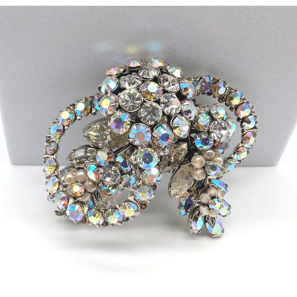 Original By Robert Carved Molded Rhinestone Faux Pearl Statement Brooch Pin AB